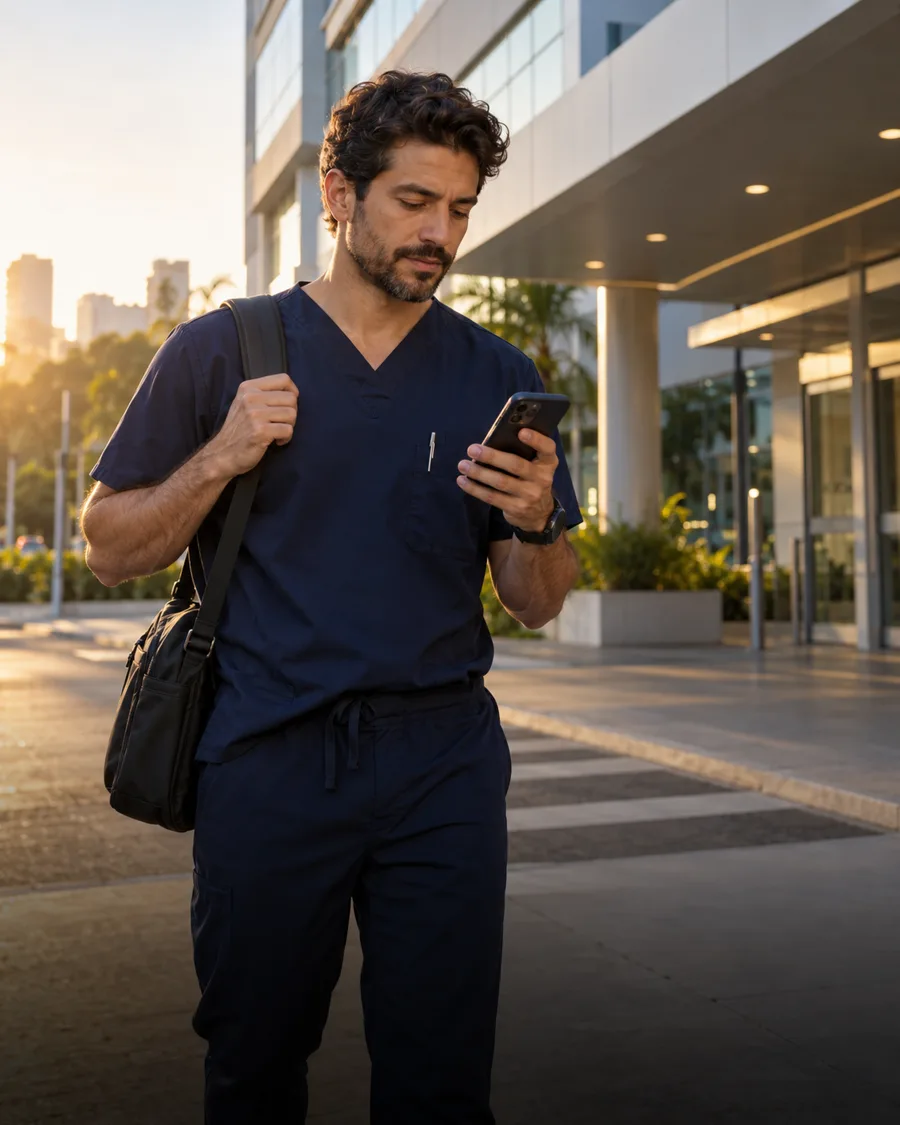 Médico consultando sua rotina no celular ao chegar ao hospital